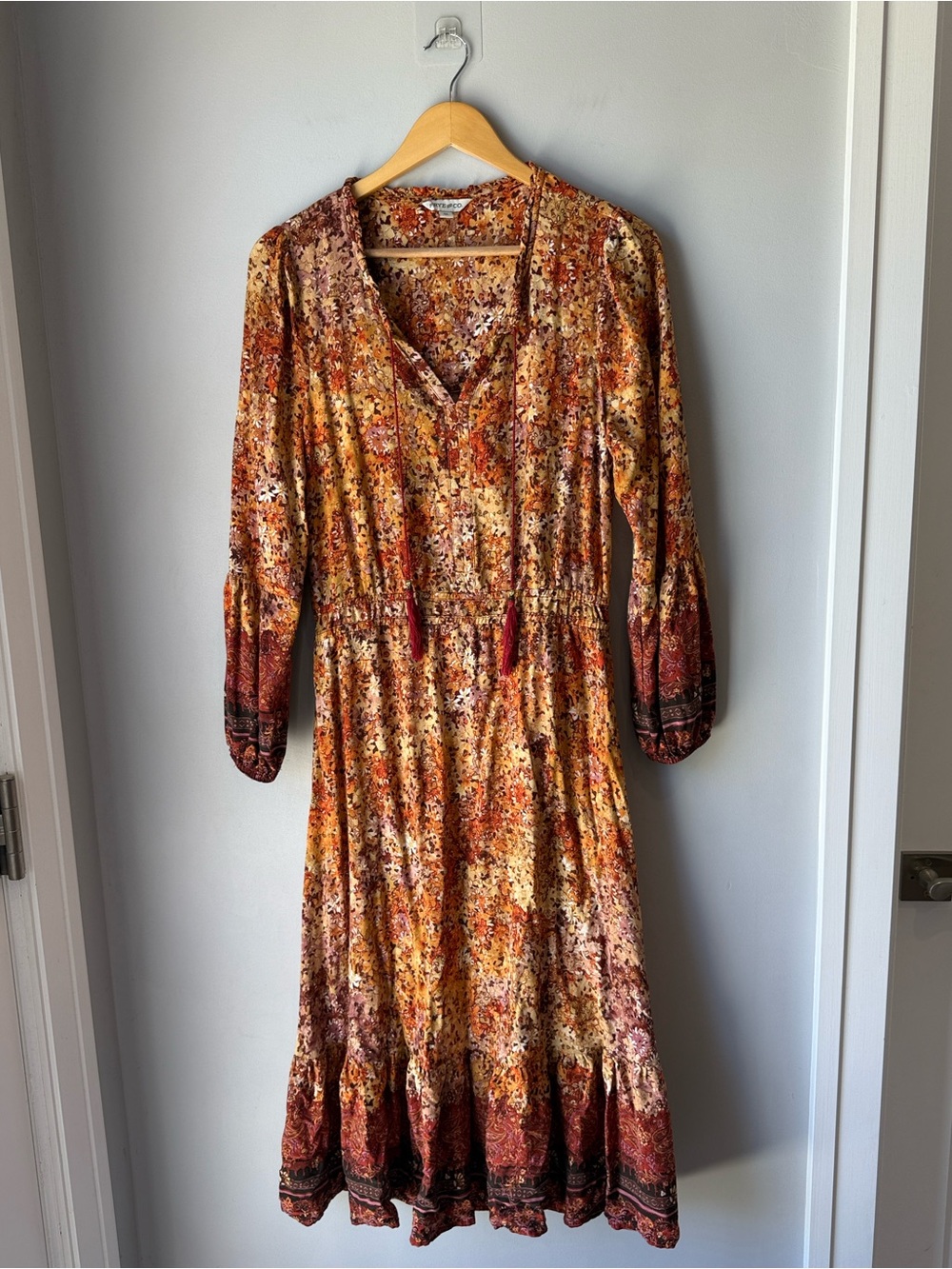 FRYE AND CO. Floral Midi Dress in Rust, Mustard, Brown